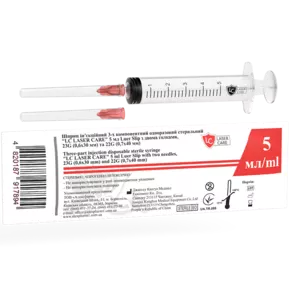 Шприц 5 мл ін'єкційний одноразовий трикомпонентний LC Луер Сліп (Luer Slip) з двома голками 1 шт