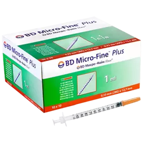 Шприц 1 мл U-40 інсуліновий одноразовий з незйомною голкою 29G (0,33 мм*12,7 мм) ВD Мікро-Файн Плюс (Micro-Fine Plus) 10 шт