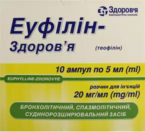 Еуфілін-Здоров’я розчин для ін'єкцій 20 мг/мл ампули 5 мл №10