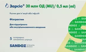 Зарсио раствор для инъекций 30 МЕ/0,5 мл шприц №5