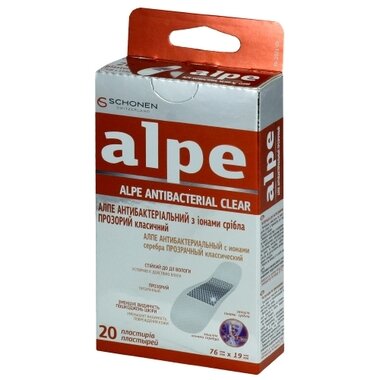 Пластир Алпе (Alpe) класичний антибактеріальний прозорий з іонами срібла розмір 76 мм*19 мм 20 шт