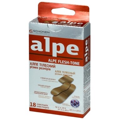 Пластырь Алпе (Alpe) телесный разных размеров  (76 мм*19 мм, 57 мм*16 мм, 22 мм*22 мм) 18 шт