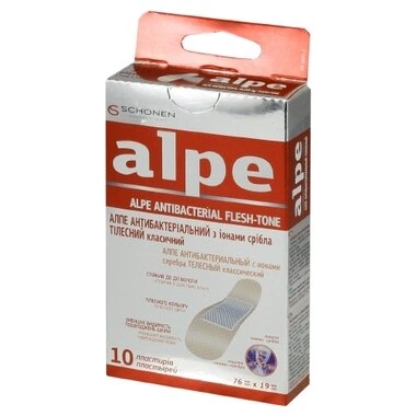 Пластир Алпе (Alpe) класичний антибактеріальний з іонами срібла тілесний розмір 76 мм*19 мм 10 шт