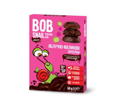 Цукерки натуральні Равлик Боб (Bob Snail) яблуко-малина у бельгійському чорному шоколаді 60 г
