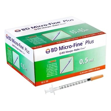Шприц 0,5 мл U-100 інсуліновий одноразовий з незйомною голкою 30G (0,3 мм*8 мм) BD Мікро-Файн Плюс (ВD Micro-Fine Plus) 1 шт
