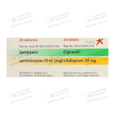 Ципрамил таблетки покрытые оболочкой 20 мг №28