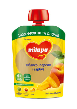 Пюре фруктово-овощное Милупа (Milupa) яблоко+персик+тыква с 6 месяцев 80 г (пауч)