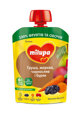 Пюре фруктово-овочеве Мілупа (Milupa) груша+морква+чорнослив+буряк з 6 місяців 80 г (пауч)