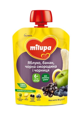 Пюре фруктовое Милупа (Milupa) яблоко+банан+смородина+черника с 6 месяцев (пауч) 80 г