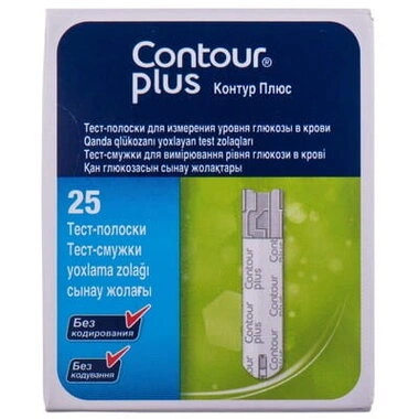 Тест-полоски Контур Плюс (Contour Plus) для контроля уровня глюкозы в крови 25 шт