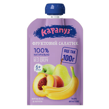 Пюре фруктове Карапуз фруктовий салатик з яблук, груш, персиків та бананів без цукру з 6 місяців 100 г