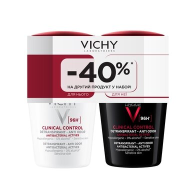Виши (Vichy) Промо-набор Део Клиникал Контрол дезодорант для мужчин шариковый 96 часов защиты 50 мл + дезодорант для женщин шариковый 96 часов защиты 50 мл