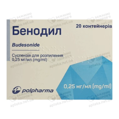Бенодил суспензія для розпилення 0,25 мг/1 мл контейнер 2 мл №20