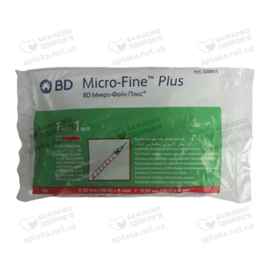 Шприц 1 мл U-40 інсуліновий одноразовий з незйомною голкою 30G (0,3 мм*8 мм) ВD Мікро-Файн Плюс (ВD Micro-Fine Plus) 10 шт