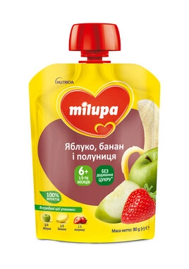 Пюре фруктове Мілупа (Milupa) яблуко+банан+полуниця з 6 місяців (пауч) 80 г