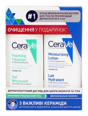 СераВе (СеraVe) Зволожувальне молочко для сухої та дуже сухої шкіри обличчя та тіла 88 мл + СераВе (СеraVe) Інтенсивно очищувальний гель для нормальної та жирної шкіри обличчя та тіла 88 мл