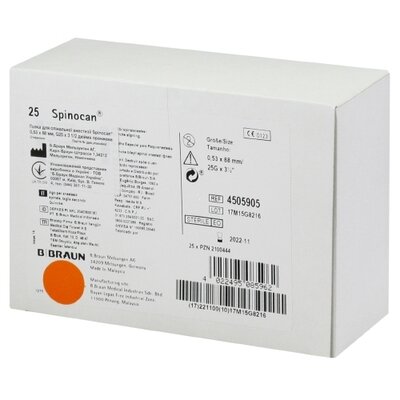 Игла для спинальной анестезии Спинокан (Spinocan) размер 25G (0,5 мм*88 мм) цвет оранжевый — Фото 1