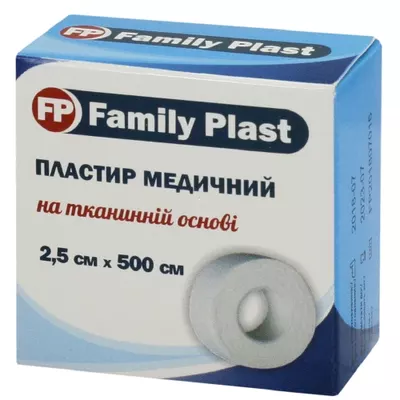 Пластир Фемілі Пласт (FamilyPlast) котушка на тканинній основі розмір 2,5 см*5 м 1 шт — Фото 1