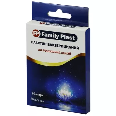 Пластир Фемілі Пласт (FamilyPlast) бактерицидний на тканинній основі розмір 25 мм*72 мм 20 шт — Фото 1