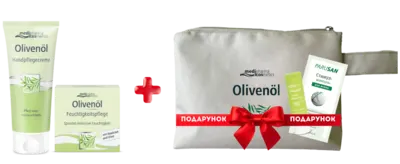 Олівенол (Olivenol) набір (крем з гіалуроновою кислотою 50 мл + крем для рук 100 мл + стік для губ 4,8 г + Парусан шампунь 8 мл + косметичка) — Фото 2