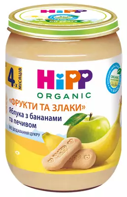 Пюре фруктовое Хипп (HiPP) "Фрукты и злаки" яблоки с бананом и печеньем с 4 месяцев 190 г — Фото 1