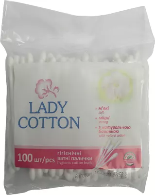 Ватні палички Леді Коттон (Lady Cotton) упаковка поліетилен 100 шт — Фото 1