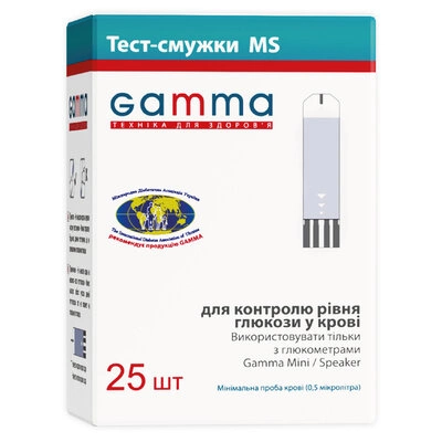 Тест-смужки Гамма (Gamma MS) для контролю рівня глюкози у крові 25 шт — Фото 1