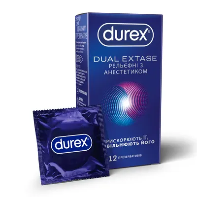 Презервативи Дюрекс (Durex Dual Extase) рельєфні з анестетиком 12 шт — Фото 1