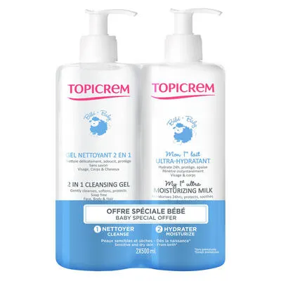 Топикрем (Topicrem) DA Набор бальзам для лица и тела смягчающий 500 мл+ DА ультра-обогащенный очищающий гель для лица и тела 75 мл — Фото 1