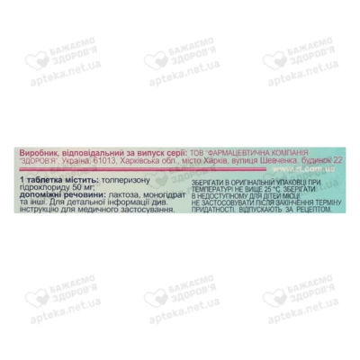 Толперил-Здоровье таблетки покрытые плёночной оболочкой 50 мг №30 — Фото 2