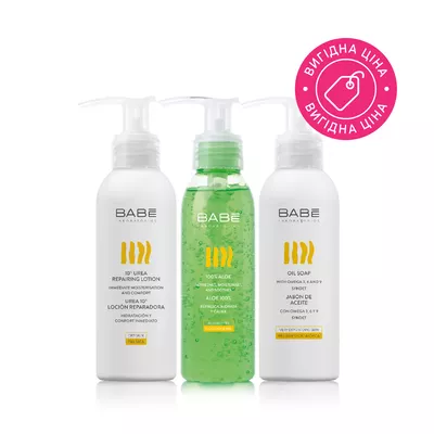 Бабе Лабораториос (Babe Laboratorios) набор (мыло на основе масел 100 мл + лосьон для тела 100 мл + гель алое 90 мл) — Фото 1