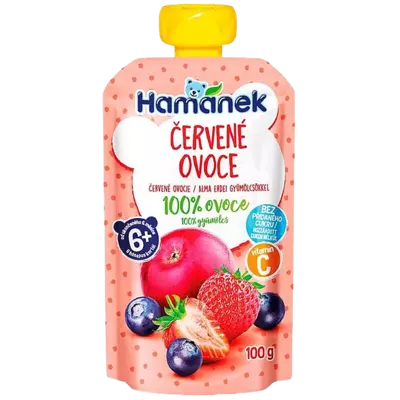 Пюре фруктове Хаманек (Hame Hamanek) яблуко з чорницею та полуницею з 6 місяців (пауч) 100 г — Фото 1