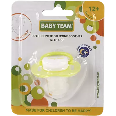 Пустышка Беби Тим (Baby Team) 3008 силиконовая ортодонтическая с колпачком ночная с 12 месяцев — Фото 3
