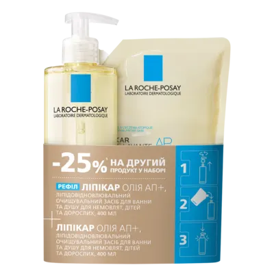 Ля Рош (La Roche-Posay) Липикар Масло АР+ набор (масло липидовосстанавливающее очищающее для ванны и душа для новорожденных, детей и взрослых 400 мл + рефил 400 мл) — Фото 1