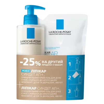 Ля Рош (La Roche-Posay) Липикар Синдет АР+ набор (очищающий крем-гель для очень сухой, склонной к атопии кожи новорожденных, детей и взрослых 400 мл + рефіл 400 мл) — Фото 1