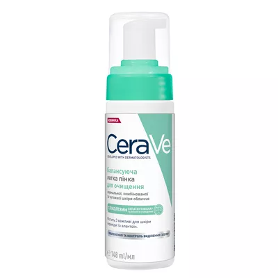 СераВе (СеraVe) Пінка для обличчя балансуюча легка для очищення нормальної, комбінованої та чутливої шкіри, 148 мл — Фото 1