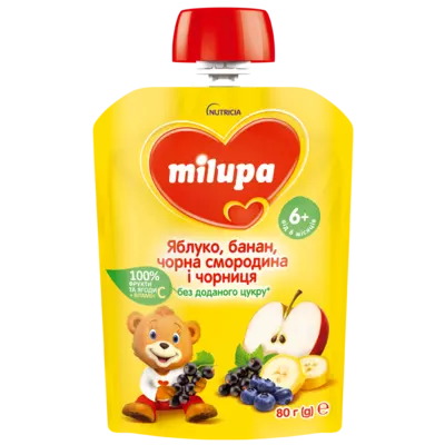 Пюре фруктовое Милупа (Milupa) яблоко+банан+смородина+черника с 6 месяцев (пауч) 80 г — Фото 1