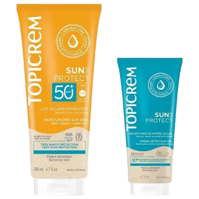 Топикрем (Topicrem) Набор Сан Протект Молочко увлажняющее солнцезащитное SPF50 + 200 мл + Гель для тела после загара тонизирующий 50 мл — Фото 3