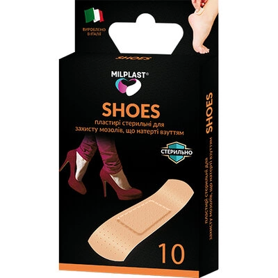 Пластир Мілпласт (Milplast Shoes) Шуз набір мозольний від мозолів натертих взуттям розмір 2 см*7 см, 10 штук — Фото 1