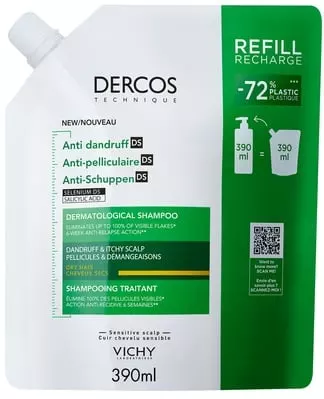 Виши (Vichy) Деркос шампунь усиленного действия от перхоти для сухих волос и роздраженной кожи головы 390 мл Рефил — Фото 1