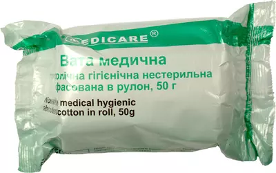 Вата медицинская гигроскопическая нестерильная ролик Медикеа (Medicare) 50 г — Фото 1
