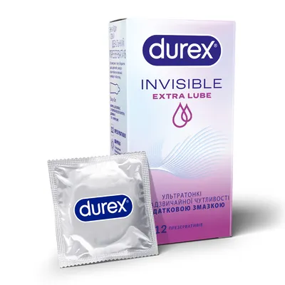 Презервативи Дюрекс (Durex Invisible Extra Lube) латексні з силіконовою змазкою ультратонкі з додатковою змазкою 12 шт — Фото 1