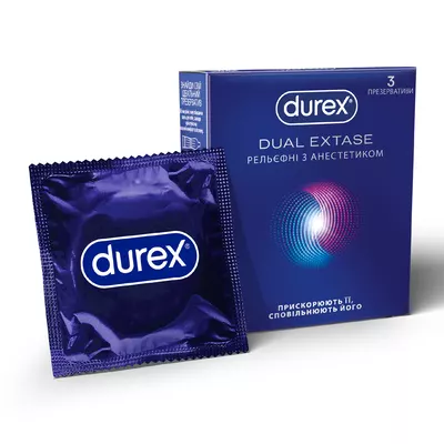 Презервативи Дюрекс (Durex Dual Extase) латексні з силіконовою змазкою рельєфні з анeстетиком 3 шт — Фото 1