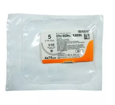 Етібонд Ексель (Ethibond Excel) розмір USP5 М7 колючо-ріжуча голка V-55 Tapercut 55 мм 1/2 Кола, довжина 75 см, зелений №4 — Фото 1
