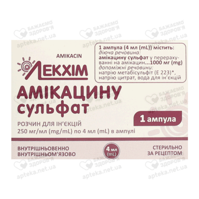Амікацин розчин для інфузій 250 мг/мл ампула 4 мл №1 — Фото 1