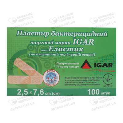 Пластир Ігар (IGAR) еластичний на полімерній основі розмір 2,5 см*7,6 см 100 шт — Фото 1