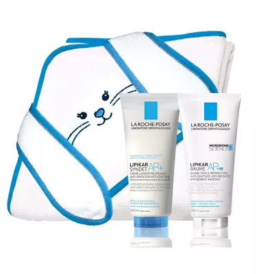 Ля Рош (La Roche-Posay) Ліпікар набір для щоденного догляду за шкірою немовлят, дітей та дорослих (Сіндет АР+ для очищення шкіри 200 мл+ Бальзам АР+М 200 мл+рушник куточок 100 см*100 см) — Фото 2
