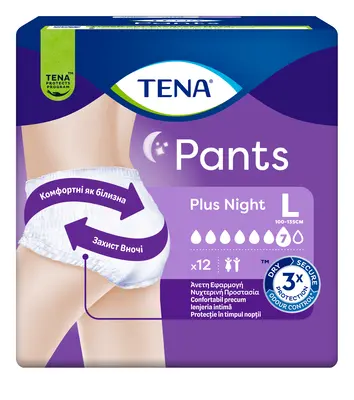 Подгузники-трусы для взрослых Тена Пантс Плюс Найт Лардж (Tena Pants+ Night Large) размер 3 12 шт — Фото 1