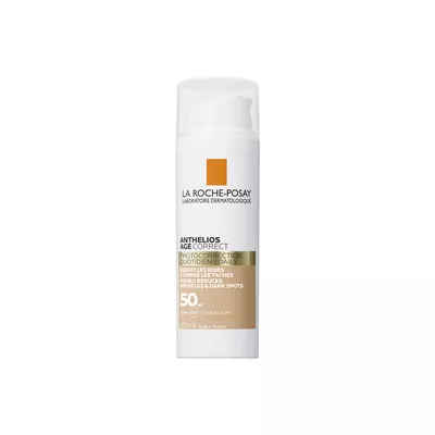 Ля Рош (La Roche-Posay) Антгелиос Коррект средство солнцезащитное антивозрастное для чувствительной кожи лица против морщин и пигментации с тонирующим эффектом SPF50 50 мл — Фото 1