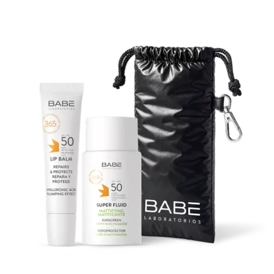 Бабе Лабораториос (Babe Laboratorios) набор солнцезащитный FACE & LIPS SET матирующий флюид + Гиалуроновый бальзам + Чехол для очков в подарок — Фото 2